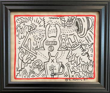 Keith Haring 87 Drawing on Vintage Unique Paper SIGNED NYC: Keith Haring 87 drawing on Rare Unique vintage paperStamped On reverse THIS IS NOT A PRINT OF ANY KIND. Approximately 8 x 10 inchesThe frame measures 10 x 12 inchesThe drawing has minor wear from time