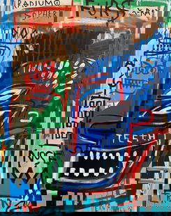 Rare Huge Vintage 1982 Fits Basquiat “Manhattan?? Painting 22 by 28 inches: Rare Huge Vintage 1982 Fits Basquiat “Manhattan” Painting 22 by 28 inches Jean Michel Basquiat Expressionism Large Painting on Stretcher Canvas. Shows signs of wear from age. This is not a