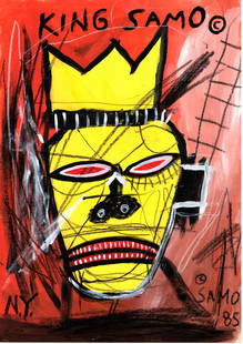 Jean Michel Basquiat Expressionism Large Painting Drawing: Jean Michel Basquiat Expressionism Large Painting Drawingon Paper. Size: 11 3/4 x 16 1/2 In. Provenance: W.N York consignor Private collection. it is being sold in the manner or style of the artist Ac