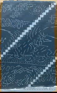Keith Haring Painting -Art IN Transit- NYC Subway Chalk drawing on Black paper. Subway, New York.
