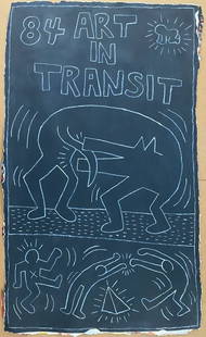 Keith Haring Painting -Art IN Transit- NYC Subway Chalk drawing on Black paper. Subway, New York.: Keith Haring Painting -Art IN Transit- NYC Subway Chalk drawing on Black paper. 42nd Street Subway, New York. HUGE Measures approximately: 59 by 35 inches on Paper that was used to cover old