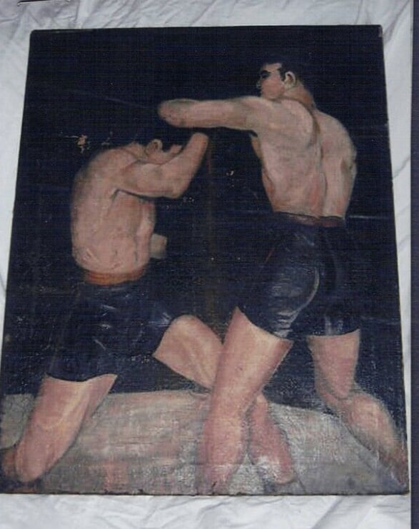 1920's-30's large boxing oil painting DEMPSEY by artist BELLOWS boxer.: VERY RARE 1920's-30's large boxing oil painting DEMPSEY by artist BELLOWS boxer. ONE-OF-A-KIND 1920's-1930's LARGE BOXING OIL PAINTING: 22 X 28 Inches Oil painting on massonite TITLED: "DEMPSEY" ARTIS