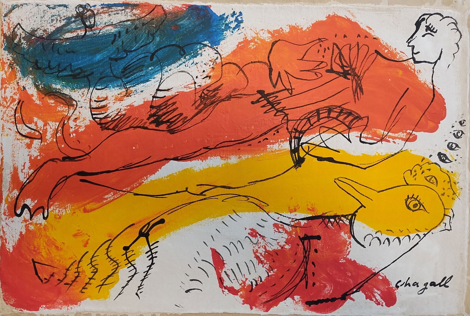 Signed Chagall Vintage Abstract Painting on Canvas: Signed Chagall Vintage Abstract Painting on Canvas.Approx Canvas Size: 16 1/2 x 23 inches. Good vintage condition. See photos as part of the description. NOTE: This painting is sold without frame and