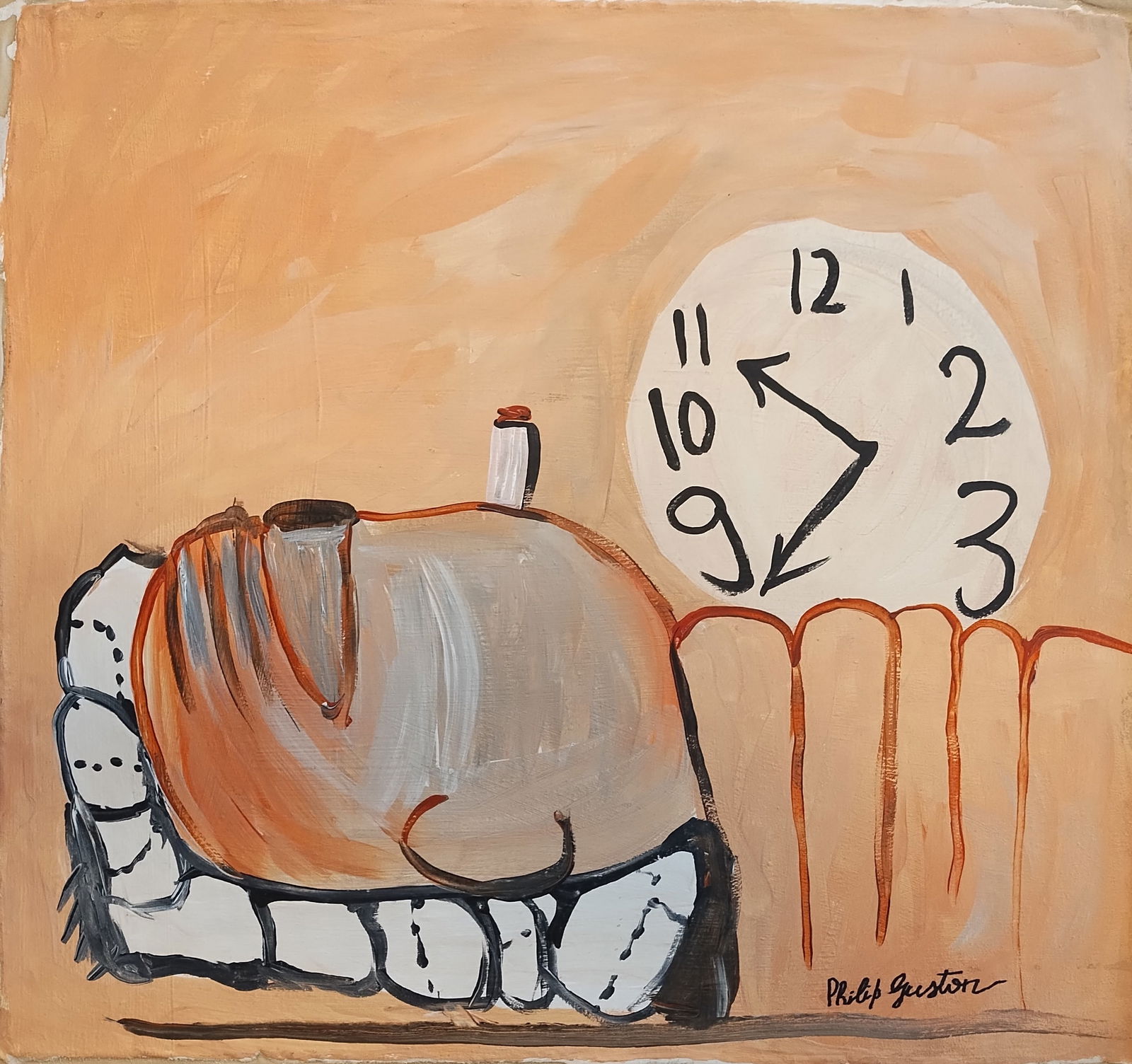 Signed Guston Vintage Abstract Painting on Canvas: Signed Guston Vintage Abstract Painting on Canvas.Approx Canvas Size: 18 1/2 x 19 1/2 inches. Good vintage condition. See photos as part of the description. NOTE: This painting is sold without frame a