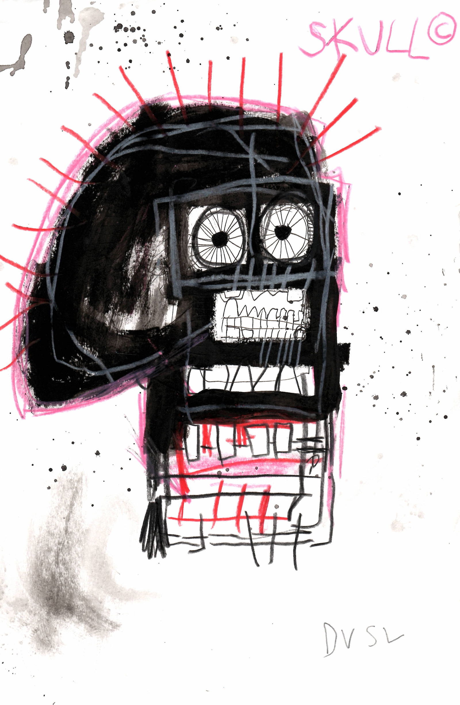 BASQUIAT SKULL NYC. Mixed Media on Paper.Embossed Stamp: BASQUIAT SKULL NYC. Mixed Media on Paper.Embossed Stamp.Approx Size: 11 1/2 x 7 1/4 inches.Lots that do not carry established documented provenance are described in the catalog as attributed or in the