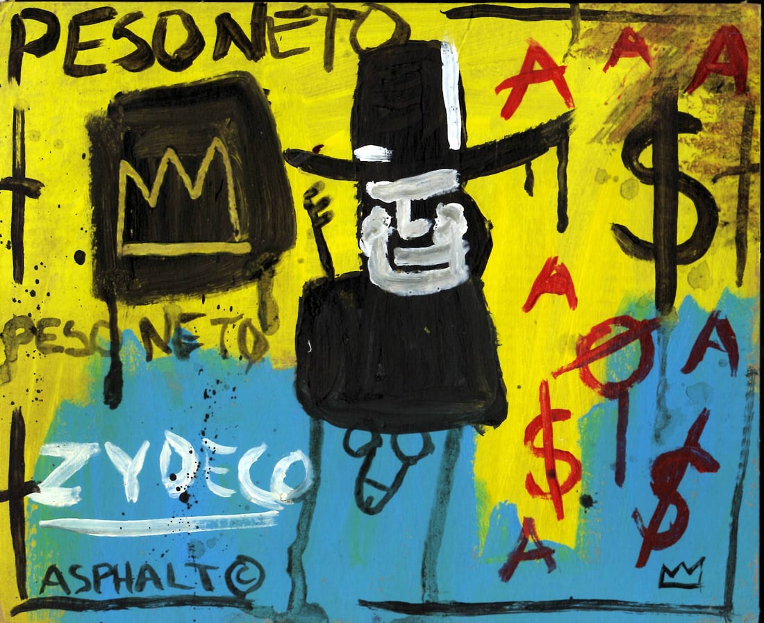 Jean Michel Basquiat Painting on Cardboard (Peso Neto SAMO).: Jean Michel Basquiat NYC SouvenirPainting on Cardboard (Peso Neto SAMO). Size: 7 1/4 x 9 Inches. Mixed Medium Hand Drawing on Cardboard. Sold as is.Good vintage condition. See photos as part of the de