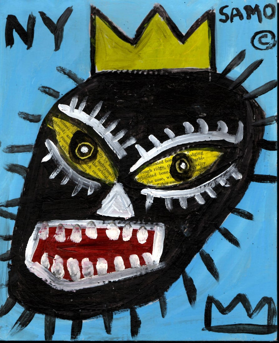 Jean Michel Basquiat NYC Souvenir Painting on Cardboard (NY SAMO): Jean Michel Basquiat NYC SouvenirPainting on Cardboard (NY SAMO). Size: 7 1/4 x 9 Inches. Mixed Medium Hand Drawing on Cardboard. Sold as is.Good vintage condition. See photos as part of the descripti