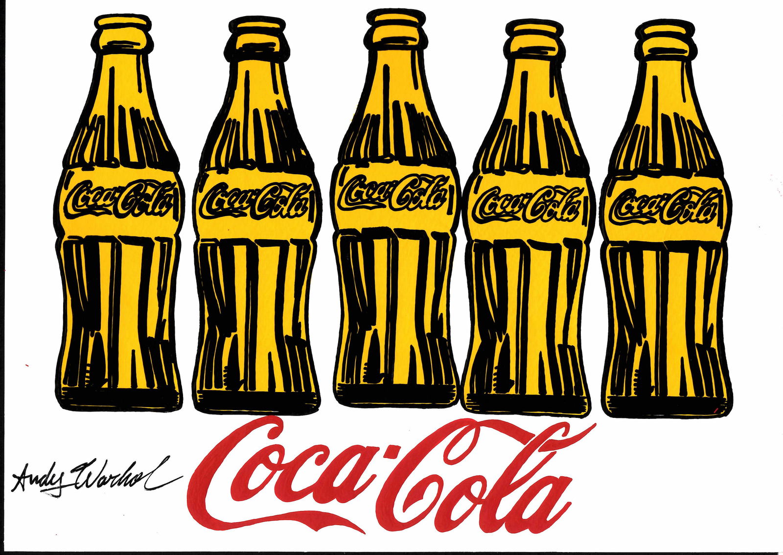 Signed Andy Warhol "5 Coke Bottles"Yellow Mixed Media Painting on Paper. Stamped on verso: Signed Andy Warhol "5 Coke Bottles"Yellow Mixed Media Painting on Paper. Stamped on verso Approx Size: 11 3/4 x 8 1/2 inches. Provenance: This item has limited provenance from an Upper New York estate