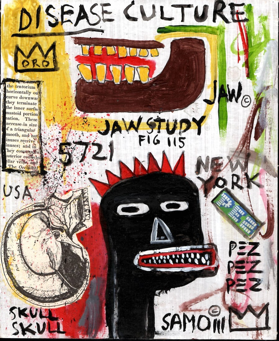 Jean Michel Basquiat Painting on Cardboard (Self Portrait SAMO).: Jean Michel Basquiat NYC SouvenirPainting on Cardboard (Self Portrait SAMO). Size: 7 1/4 x 9 Inches. Mixed Medium Hand Drawing on Cardboard. Sold as is.Good vintage condition. See photos as part of th