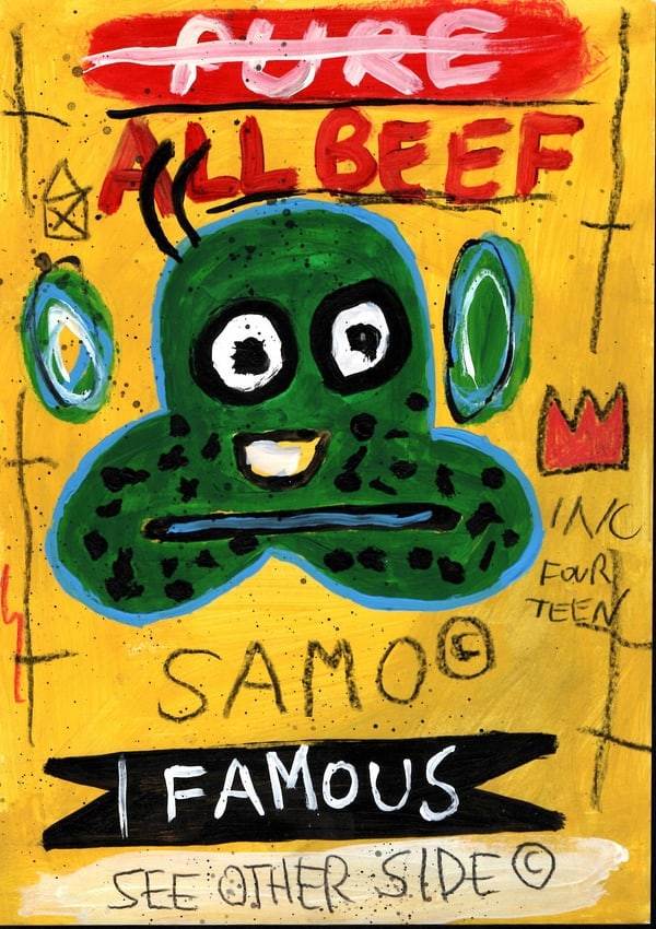 Jean Michel Basquiat NYC Souvenir Painting on Cardboard (NY SAMO FAMOUS): Jean Michel Basquiat NYC SouvenirPainting on Cardboard (NY SAMO). Size: 11 1/2 x 8 1/4 Inches. Mixed Medium Hand Drawing on Cardboard. Sold as is.Good vintage condition. See photos as part of the desc