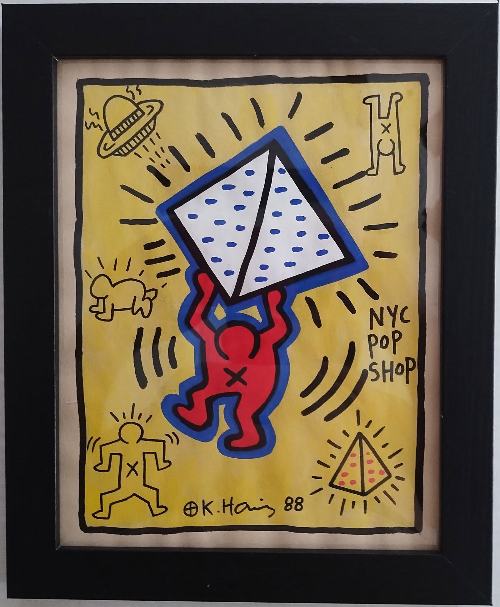 Keith Haring 88 NYC Pop Shop Drawing on Paper Stamped On Reverse: Keith Haring 88 NYC Pop Shop Drawing on Paper Stamped On Reverse. Approximately 8 x 10 inches. Frame measures 10 x 12 inches. The drawing has minor wear from time but over all condition is good.Drawin