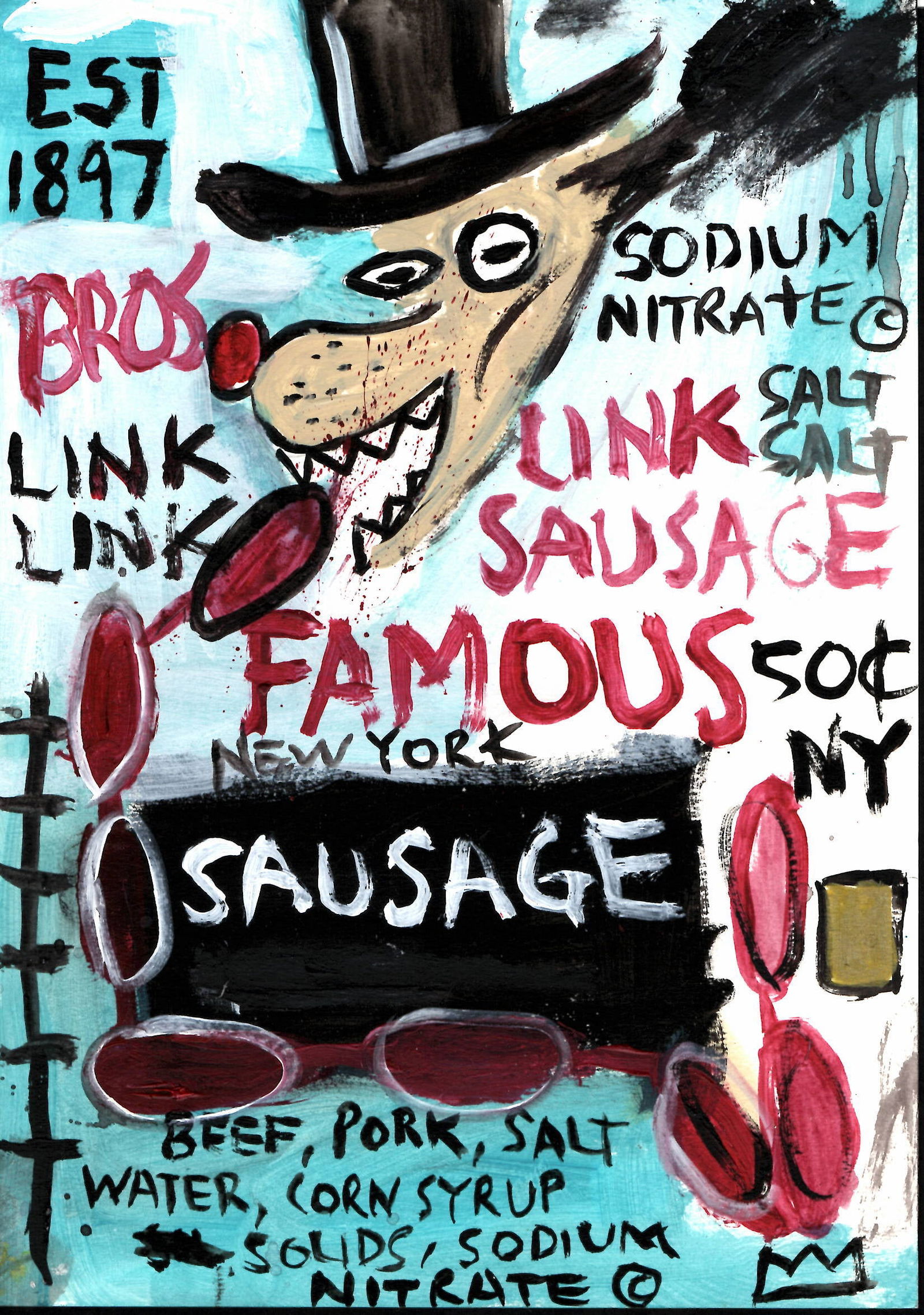 Jean Michel Basquiat NYC Souvenir Painting on Cardboard (NY SAMO SAUSAGE): Jean Michel Basquiat NYC SouvenirPainting on Cardboard (NY SAMO). Size: 11 1/2 x 8 1/4 Inches. Mixed Medium Hand Drawing on Cardboard. Sold as is.Good vintage condition. See photos as part of the desc