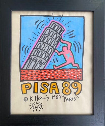 Keith Haring 89 Paris Drawing Stamped On reverse: Keith Haring 89 Paris Drawing Stamped On reverse. Approximately 8 x 10 inchesThe frame measures 10 x 12 inchesThe drawing has minor wear from time but over all. Good condition.The drawing was acquired
