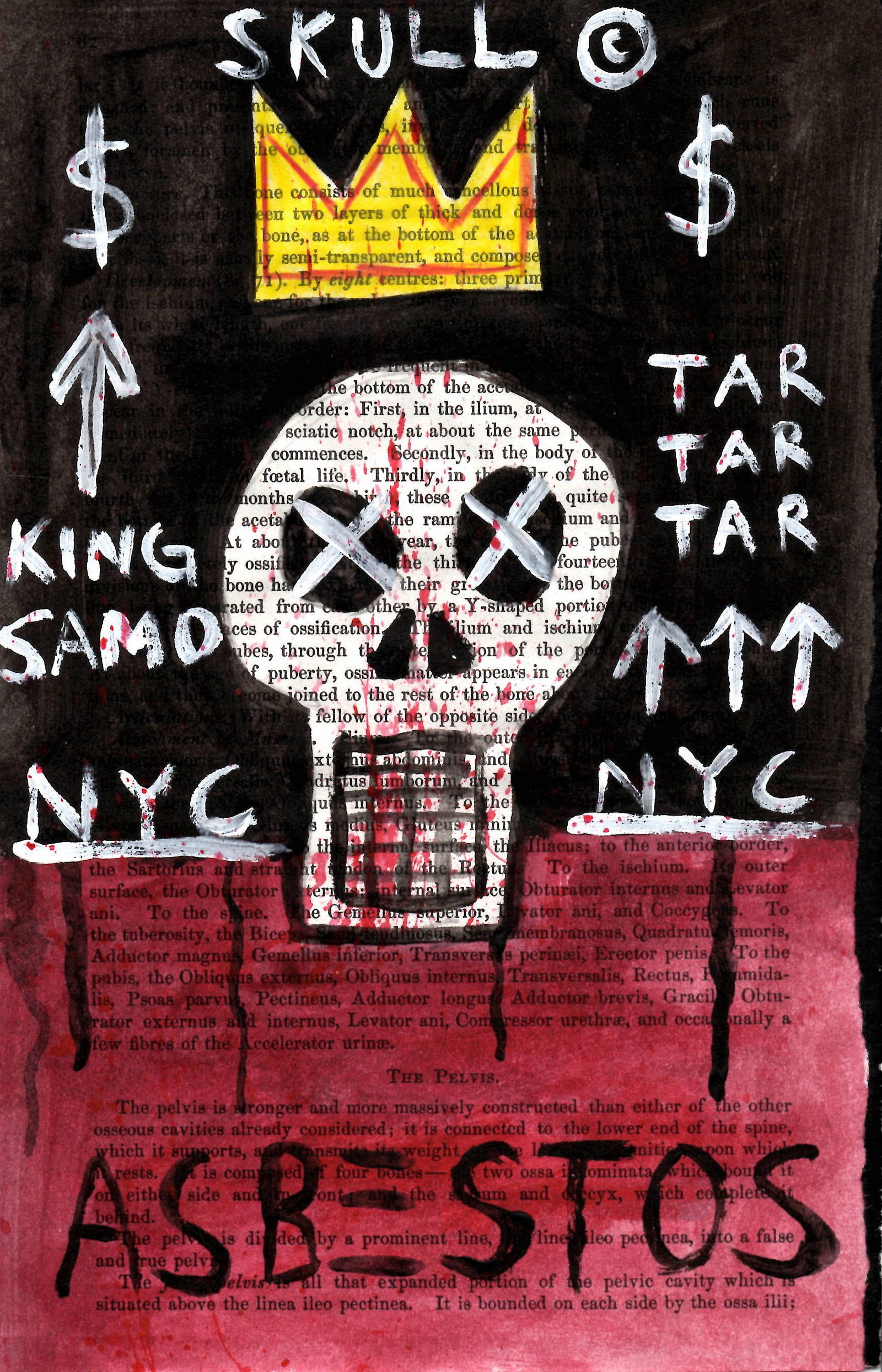 Basquiat Skull NYC. Mixed Media on Gray's Anatomy Book Leaf. Embossed Stamp . (1 of 2)