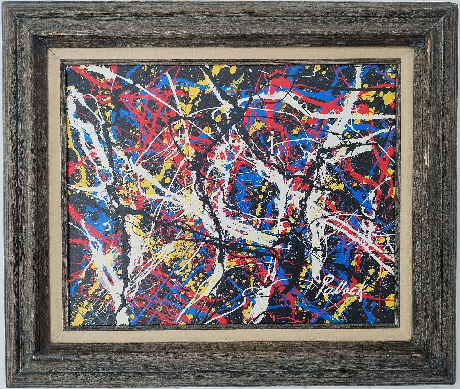 Pollock Abstract Painting on Canvas Signed: Pollock Abstract Painting on Canvas Signed Approx Painting Size: 16 x 20 Inches. Wood Frame 23 x 27 x 3 Inches. Jackson Pollock was an American painter widely known for his role as a leader of the Abs