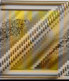 VINTAGE PHIL PRENTICE "LEOPARD" ART PRINT ON BOARD: VINTAGE PHIL PRENTICE "LEOPARD" ART PRINT ON BOARD.Good Condition see photo. Approx: Window Measurements: 23 x 29 inches. Approx Frame Measurements: 29 1/2 x 35 1/2 x 2 inches. We pack & Ship for you.
