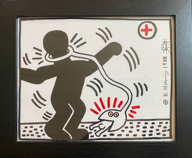 Keith Haring 88 drawing on Rare Unique vintage.Stamped On reverse: Keith Haring 88 drawing on Rare Unique vintage.Stamped On reverse Approximately 8 x 10 inchesThe frame measures 10 x 12 inches The drawing has minor wear from time but over all condition is good.The d