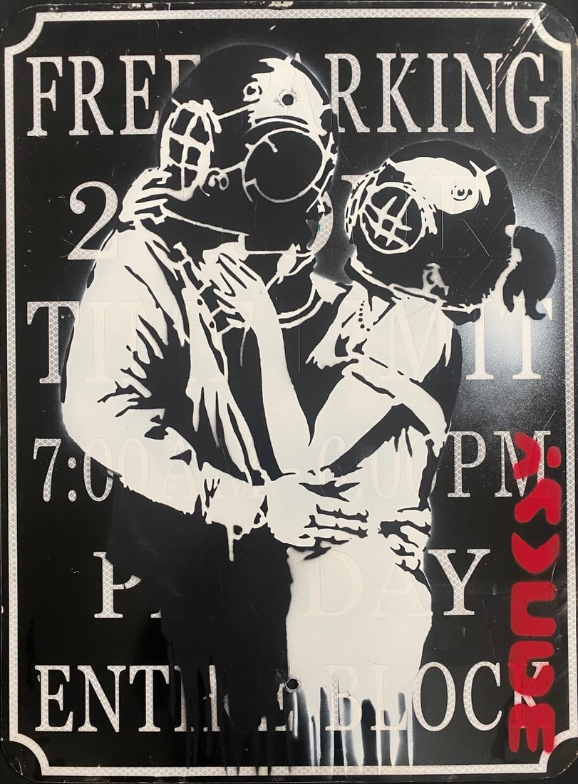 Banksy (British, 1974-) “Free? Hand Stenciled Street Road Sign: Very Rare Banksy Original spray stencil Street Sign Painting 2015, The Banksy Job on Street Road Sign Traffic. Sign Traffic:Measures - 24 by 18 inches.Condition: signs of wear and age, scratches and s