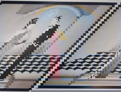 Large Art Deco Giancarlo Impiglia, Italian/Ame (1940 - ) Style Framed Painting on Canvas,: Large Art Deco Giancarlo Impiglia, Italian/American (1940 - ) Style Framed Painting on Canvas, Painting Size: 36 x 48 inches. Frame Size: 38 x 50 x 1 inches, Good condition. SEE PHOTOS as part of the