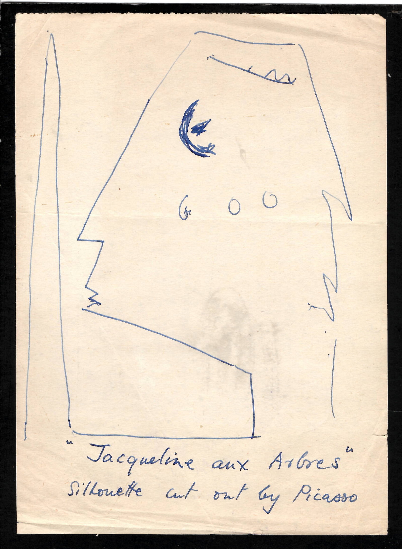 1962 Pablo Picasso's Ink on Paper Painting Drawing.Silhouette Cutout of Jacqueline at the Arbres. (1 of 2)