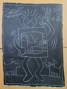 Keith Haring -Art IN Transit- NYC Subway Chalk drawing on Black paper: Keith Haring -Art IN Transit- NYC Subway Chalk drawing on Black paper. 42nd Street Subway, New York. Measures approximately: 46 by 34 inches on Paper that was used to cover old advertisements in the N