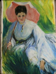 Signed Impressionism Painting D'Apres After Renoir Oil: Signed Impressionism Painting D'Apres After Renoir Oil On Paper. Lady in a Garden with a Parasol. Titled D'Apres Renoir (French; after Renoir, implying a post-impressionist.Approc Size: 21 x 15 inches