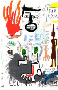 Jean-Michel Basquiat Expressionism Hand Painting Drawing on Cardboard: Jean-Michel Basquiat Expressionism Hand Painting Drawing on Cardboard. Size: 16 1/2 x 11 3/4 Inches. Provenance: W.N York consignor Private collection. it is being sold in the manner or style of the a