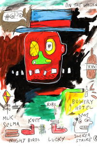Jean-Michel Basquiat Expressionism Hand Painting Drawing on Cardboard: Jean-Michel Basquiat Expressionism Hand Painting Drawing on Cardboard. Size: 16 1/2 x 11 3/4 Inches. Provenance: W.N York consignor Private collection. it is being sold in the manner or style of the a