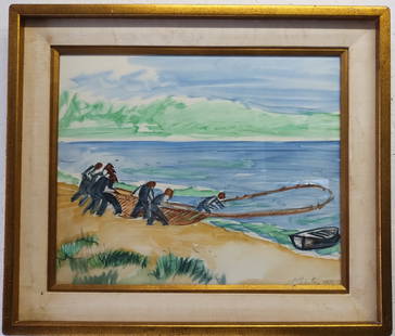 1977 Hermann Max Pechstein Painting: Hermann Max Pechstein (1881–1955) .Fishermen Bringing.Approx Painting Size: 24 x 18 Inches.Approx Frame Size: 24 x 28 x 2 Inches.Hermann Max Pechstein was a German expressionist painter and printmak
