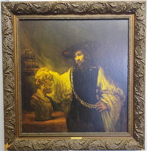 Vintage 1960's Aristotle Contemplating the Bust of Homer: Vintage 1960's Aristotle Contemplating the Bust of Homer Print in thick Cardboard Approx Print Size: 27 x 29 Inches. Approx Wood Frame Size: 34 x 3 x 3 Inches. The Dutch painter Rembrandt van Rijn cre