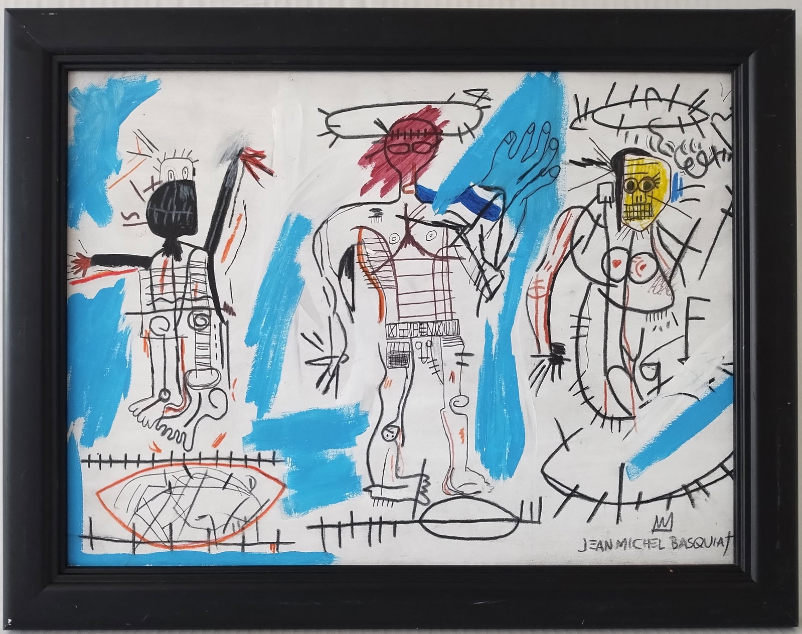 Jean-Michel Basquiat -Baby Boom- Painting Framed. Stamped on Reverse.: Jean-Michel Basquiat -Baby Boom- Painting Framed. Stamped on Reverse. Painting Size: 12 x 16 inches. Frame Size: 14 1/2 x 18 1/2 x 1 inches. Mixed Medium on Cardboard.Frame may have scratches and mark