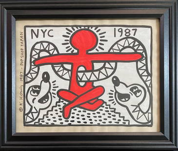 Keith Haring 87 Drawing on  Paper Stamped On Reverse: Keith Haring 87 Drawing on Paper Stamped On Reverse THIS IS NOT A PRINT OF ANY KIND. Approximately 8 x 10 inches Frame measures 10 x 12 inches The drawing has minor wear from time but over all conditi