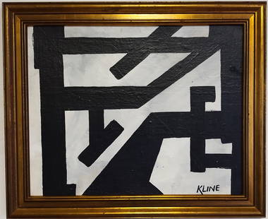 Signed Kline Abstract Expressionism Composition Framed Painting On Cardboard: Signed Kline Abstract Expressionism Composition Framed Painting On Cardboard. Approx Painting: 16 x 20 inches. Approx Frame Size: 19 1/2 x 23 1/2 x 2 inches. Featuring abstract composition of solid bl