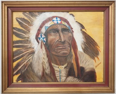 Native American Black Wolf Oil Painting on Canvas: Native American Black Wolf Oil Painting on Canvas. Approximate Artwork Size: 14 x 18 Inches. - Approximate Frame Size: 18 x 22 x 3 Inches. Black Wolf, a mature warrior in 1876, was a Northern Cheyenne
