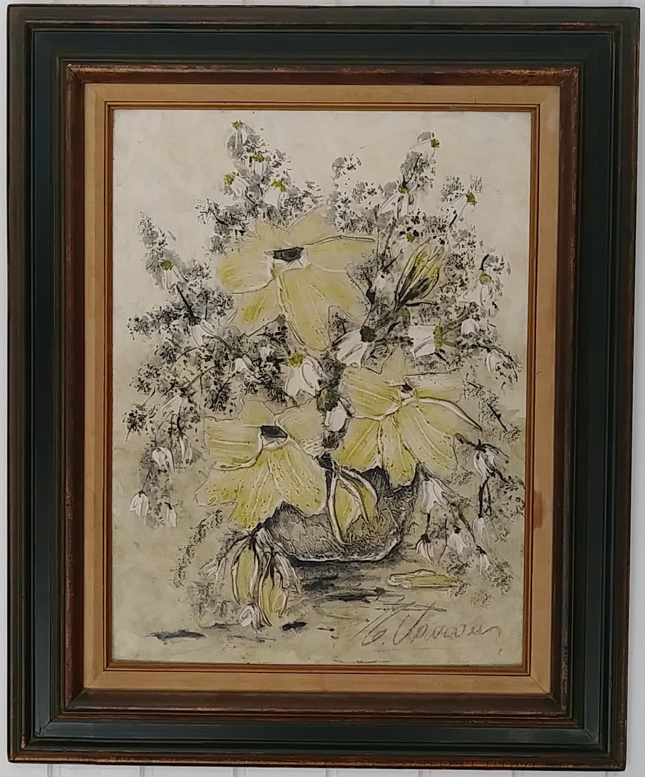 VINTAGE  SINNED TEXTURE FLOWER OIL PAINTING FRAMED. (1 of 4)