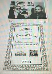 Andy Warhol & Ivan Karp Brillo Box Superstar 1990 Photography With COA: 8" x 10" Black & White Photograph Andy Warhol & Ivan Karp Brillo Box Superstar 1990. Photography With COA Condition:Staining at top border in two locations with border and corner wear present.
