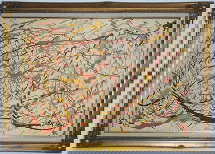 Jackson Pollock Abstract Art Painting on Canvas Framed: Jackson Pollock Abstract Art Painting on Canvas Framed. Approx Painting Size:: 24 x 36 inches. Approx Frame Size: 29 1/2 x 41 1/2 x 2 inches.Golden Wood Any condition statement is given as a courtesy