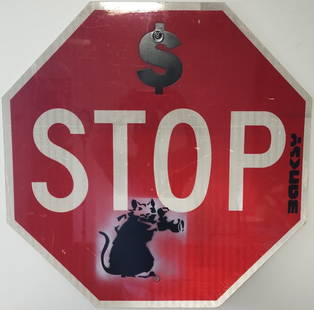 Banksy Original Street Sign  Camera Rat Art Painting 2010: Banksy Original Street Sign Painting 2010“Rat Stop&rdquo; on Sign.Rare. New York Spray Paint Graffiti Rat Stop Sign Measures - 30 by 30 inches. Aluminum The sign shows of wear from being outside. Th