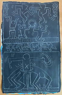 Keith Haring Painting -Art IN Transit- NYC Subway Chalk drawing on Black paper: Keith Haring Painting -Art IN Transit- NYC Subway Chalk drawing on Black paper. 42nd Street Subway, New York.HUGE Measures approximately: 55 by 35 inches on Paper that was used to cover old advertisem