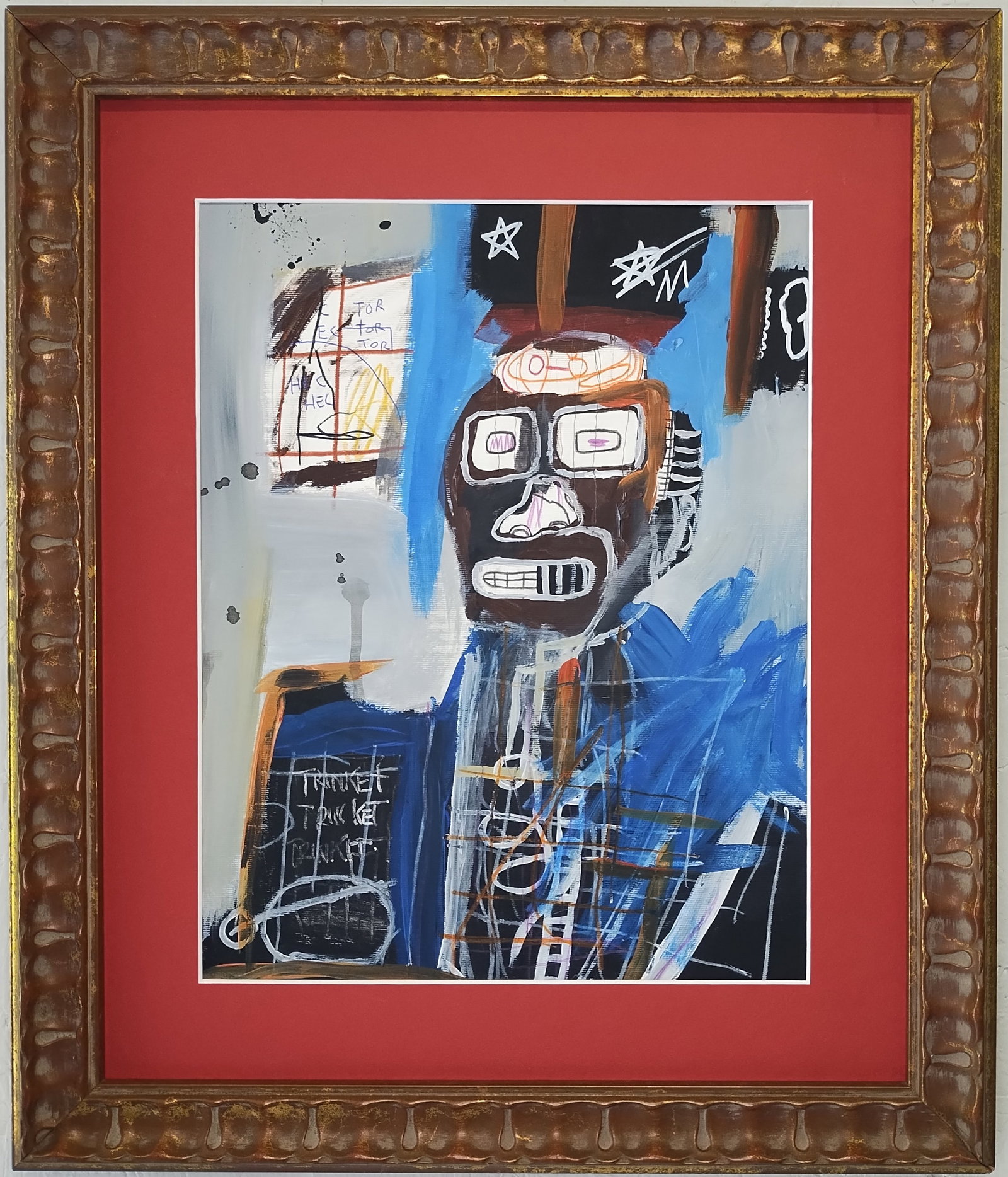 Jean-Michel Basquiat -LOW PRESSURE ZONE 1982 - Painting Framed. Stamped: Jean-Michel Basquiat -LOW PRESSURE ZONE 1982 - Painting Framed. Stamped on Reverse. Painting Size: 12 x 16 inches. Frame Size: 14 1/2 x 18 1/2 x 1 inches. Mixed Medium on Cardboard.Frame may have scra