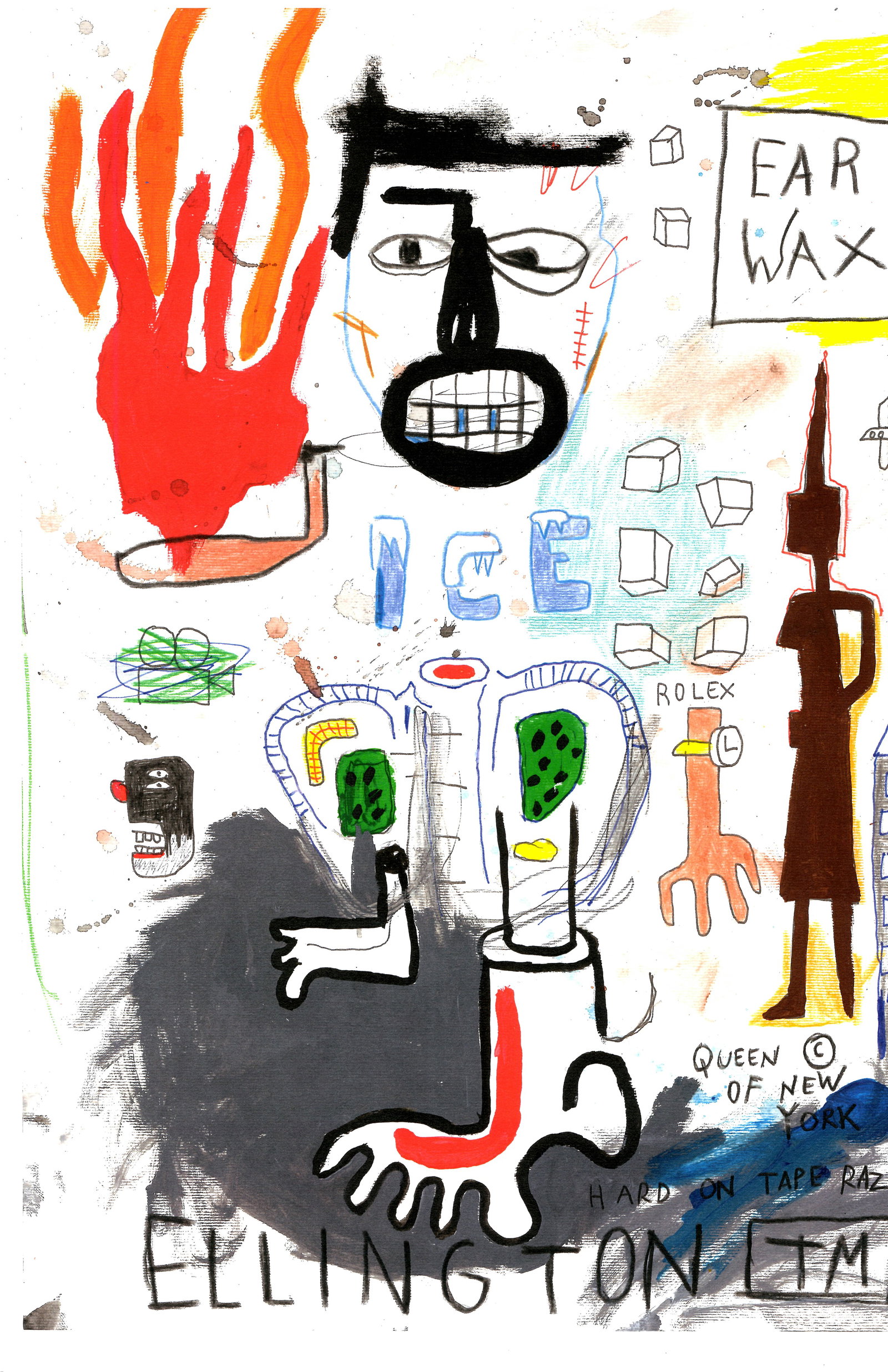 Jean-Michel Basquiat Expressionism Hand Painting Drawing on Cardboard: Jean-Michel Basquiat Expressionism Hand Painting Drawing on Cardboard. Size: 16 1/2 x 11 3/4 Inches. Provenance: W.N York consignor Private collection. it is being sold in the manner or style of the a