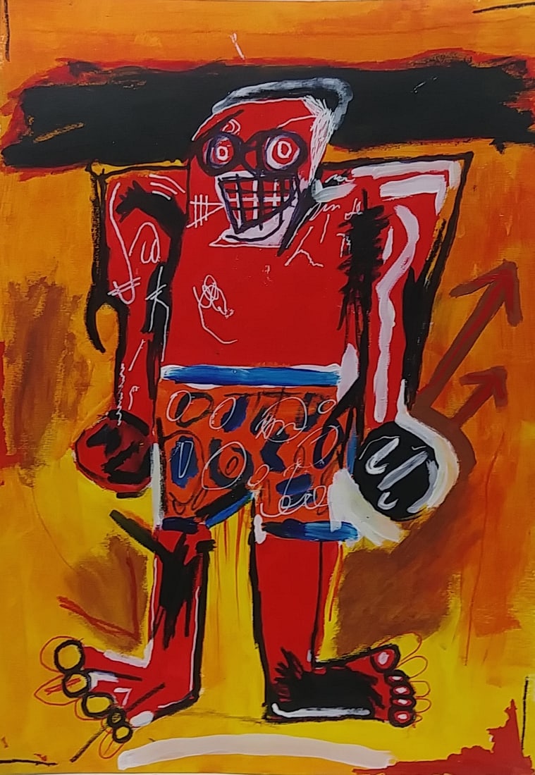 Jean-Michel Basquiat's Expressionist Large Painting Drawing: Jean-Michel Basquiat's Expressionist Large Painting Drawing. Size: 12 x 16 In. Provenance: W.N York consignor Private collection. it is being sold in the manner or style of the artist. 100% Hand Paint