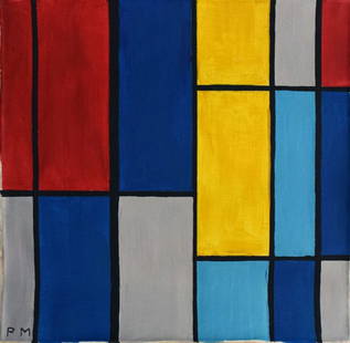 Vintage Abstract Painting Signed  PM (Mondrian), Modern Art: Vintage Abstract Painting Signed PM (Mondrian), Modern Art Modern Art 20th Century Painting Size Approx: 17 x 17 Inches. This is hand painted Mixed Medium on Canvas. It is being sold in the manner or