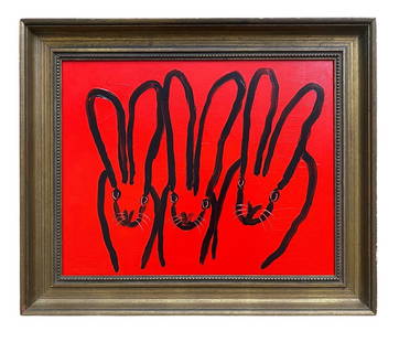 Hunt Slonem 2018 Red Bunnies Painting: Hunt Slonem 2018 Red Bunnies Painting Signed & Dated on Reverse. Bunnies: Inspired by his birth year being the Year of the Rabbit in the Chinese Zodiac. Hunt Slonem(b. 1951). Is an American painter, s