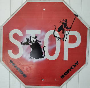 2015 Rare Banksy Original Spray Stencil Street Sign Painting: Very Rare Banksy Original spray stencil Street Sign Painting 2015, The Banksy Job on Street Road Sign Traffic. Sign Traffic:Measures - 30 by 30 inches.Condition: signs of wear and age, scratches and s