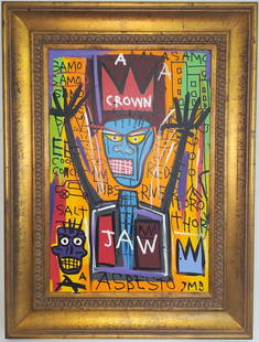 1983 Large Jean-Michel Basquiat (1960-88) Mixed Media on Canvas.(Samo Jaw): Jean-Michel Basquiat (1960-88) (SAMO CROWN ASBESTOS) Mixed Media on Canvas. - The Heroes & Monster Portfolio) "The Heroes & Monster Portfolio":This portfolio is a series of works that explore themes o