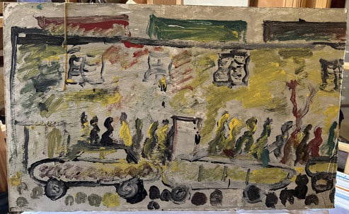 Purvis Young 1943-2010 Outsider Folk Art Painting: Purvis Young 1943-2010 Outsider Folk Art Painting Untitled (Everyday Life In The Neighborhood) Acrylic on found plywood board wood construction.Original gallery sized painting. Dimensions: 26 X 16 X 1