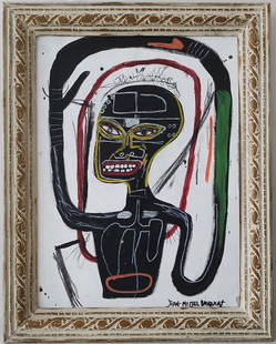 Signed Jean-Michel Basquiat Painting -Flexible- Framed: Signed Jean-Michel Basquiat Painting -Flexible- Framed. Stamped on Reverse. Painting Size: 14 x 11 inches. Frame Size: 15 x 18 x 2 inches. Mixed Medium on Cardboard. Frame may have scratches and marks