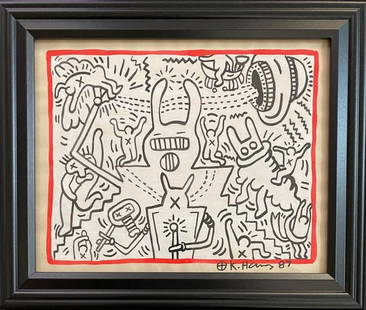 Keith Haring 87 Drawing  Stamped On reverse: Keith Haring 87 Drawing Stamped On reverse vApproximately 8 x 10 inchesThe frame measures 10 x 12 inchesThe drawing has minor wear from time but over all Good condition.The drawing was acquired from a