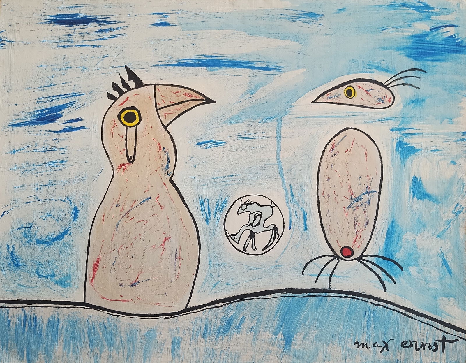 Signed Max Ernst Abstract Surreal Painting on Canvas: Signed Max Ernst Abstract Surreal Painting on Canvas. Approx Canvas Size: 21 x 17 inches. Good vintage condition. See photos as part of the description. See photos. NOTE: This painting is sold without